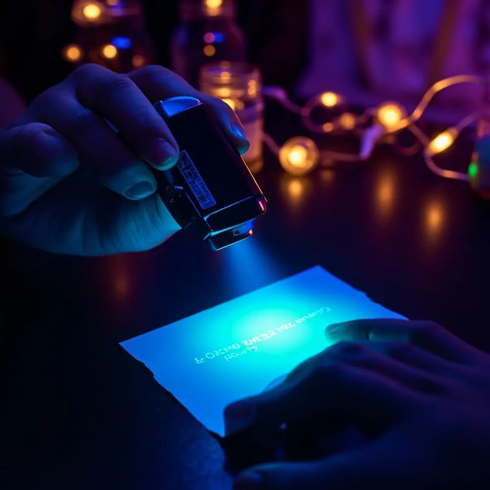 DIY Glow-in-the-Dark Halloween Birthday Party: Decorations, Favors & Games 7 Clue glowing brightly marker blacklight with a up written uv of under p reactive em close handheld image 7