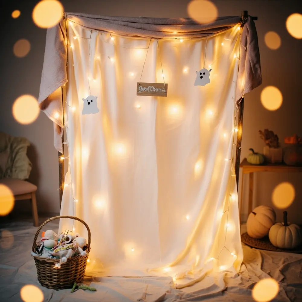 10 Sweet “A Little Boo” Birthday & Baby Shower Ideas 7 White instruction fairy booth with lights backdrop a setup sheet p ghost cute and image props placement 7 photo