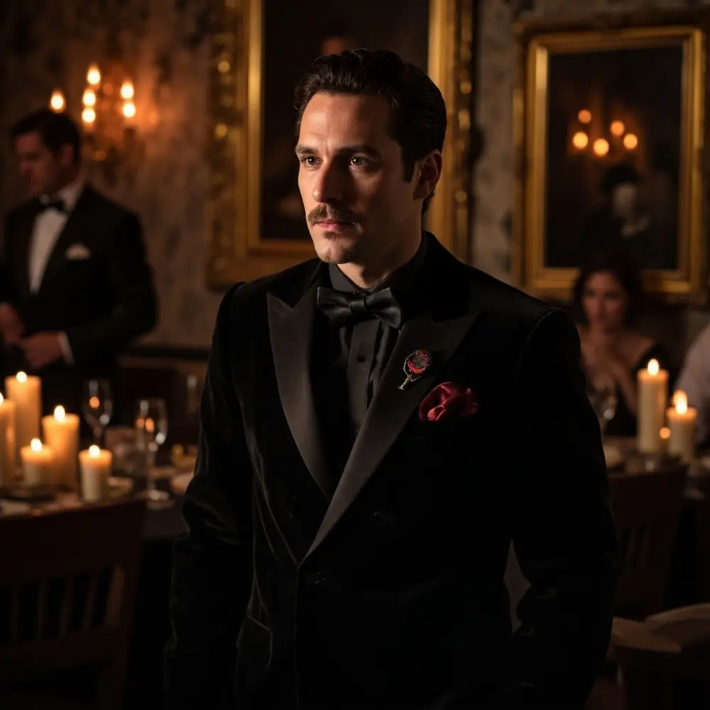 Stylish tuxedo instruction black with looking square a dapper p and deep in groom image dramatic velvet jacket placement pocket 7 red