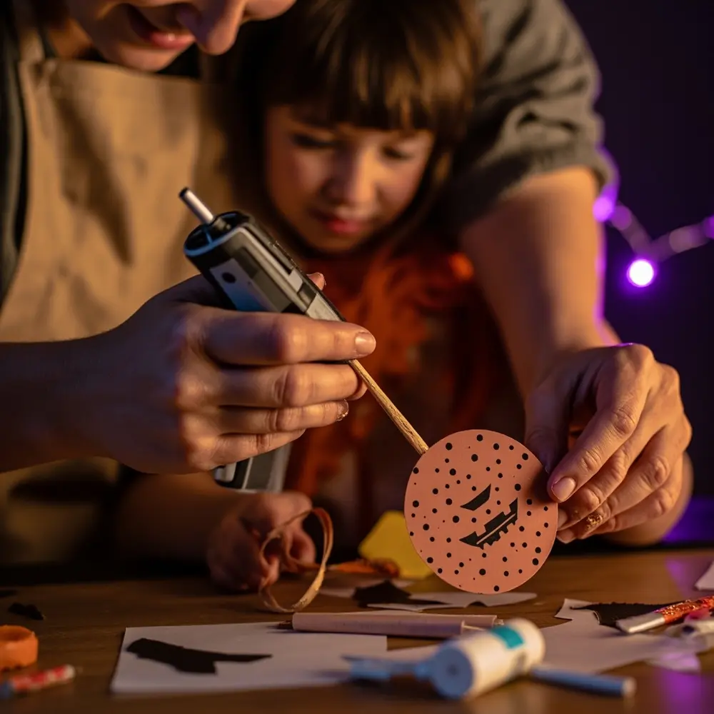 Create a Spooktacular DIY Halloween Birthday Photo Booth Corner: Easy Backdrops & Printable Props 7 Dowel hands with showing a attaching gun of p the another scissors shot and back out carefully glue image prop cutting wooden 7 hot to printed