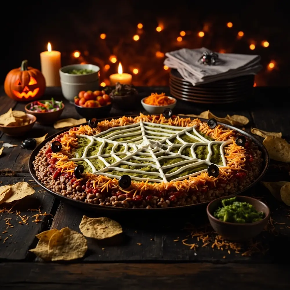 15 Spooktacular & Family-Friendly Halloween Birthday Appetizers (Quick & Allergy-Aware!) 7 By with serving on a of sour seven p dip cream spiderweb chips image dish large top 7 tortilla layer surrounded