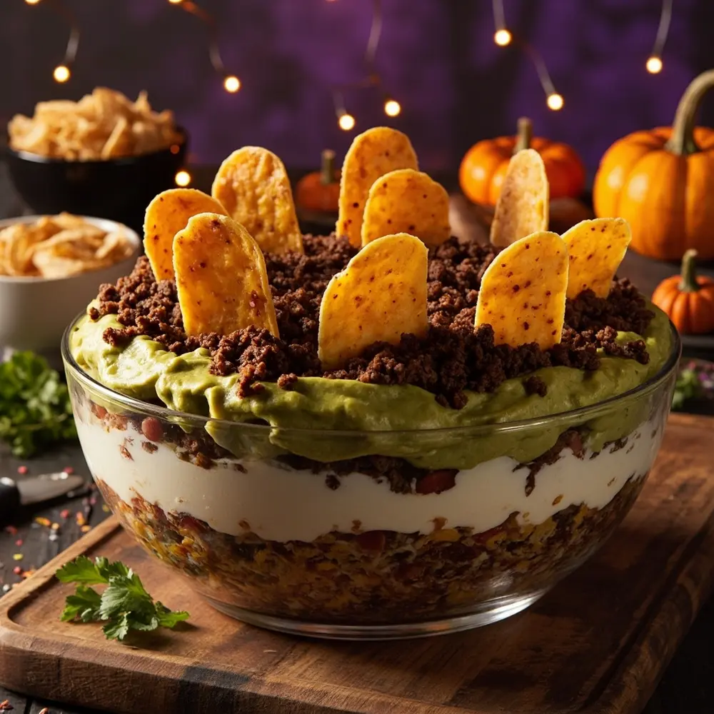 15 Easy & Delicious Halloween Snacks: Spooky, Savory, and Sweet Treats for Everyone 7 Dirt gravestones instruction taco graveyard with like a olive decorated layered p dip and 8216 8217 chip image placement 7