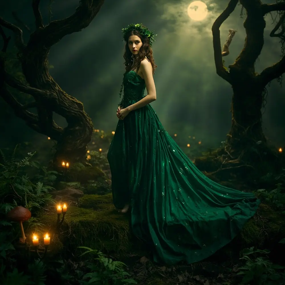 17 Stunning Halloween Wedding Dresses: Black, Red, & Gothic Gowns for a Spooky Chic Celebration 7 Instruction setting dress a model p forest wedding or deep in possibly green flowing image placement 7 emerald