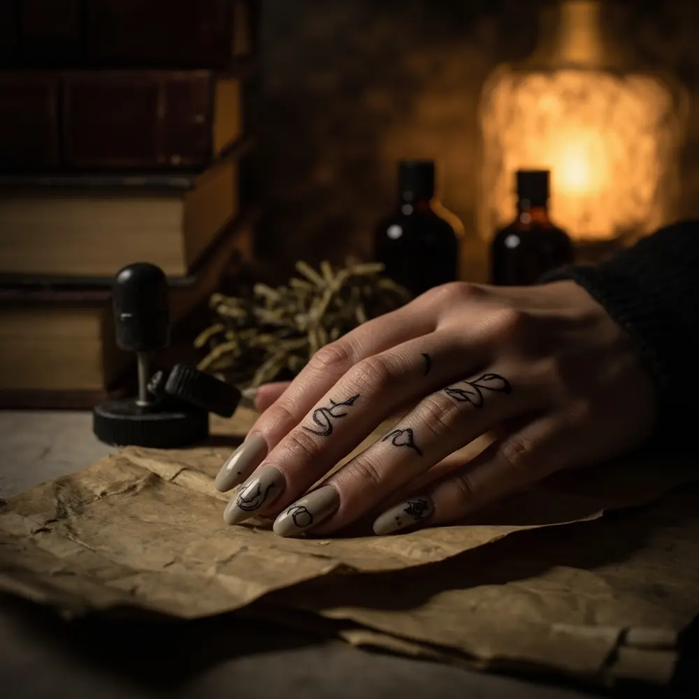 18 Genuinely Spooky & Scary Halloween Nail Ideas for 2025 7 Faint instruction parchment faded base dark symbols with looking like a scroll p or featuring ancient old an script as if image from placement runes decaying 7 nails