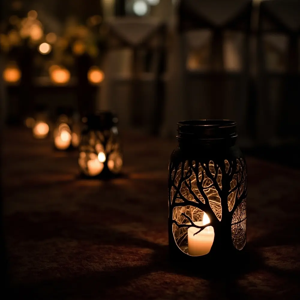 15 Jaw-Dropping DIY Halloween Wedding Ideas That Won't Break the Bank 7 Led black glow with a mason of p inside soft aisle an candles lining row image casting spooky 7 jars painted