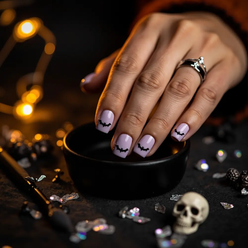 17 Girly Halloween Nail Designs That Are More Sweet Than Spooky 7 Across placement bat them instruction silhouettes lavender with black 7 flying nails p delicate soft image