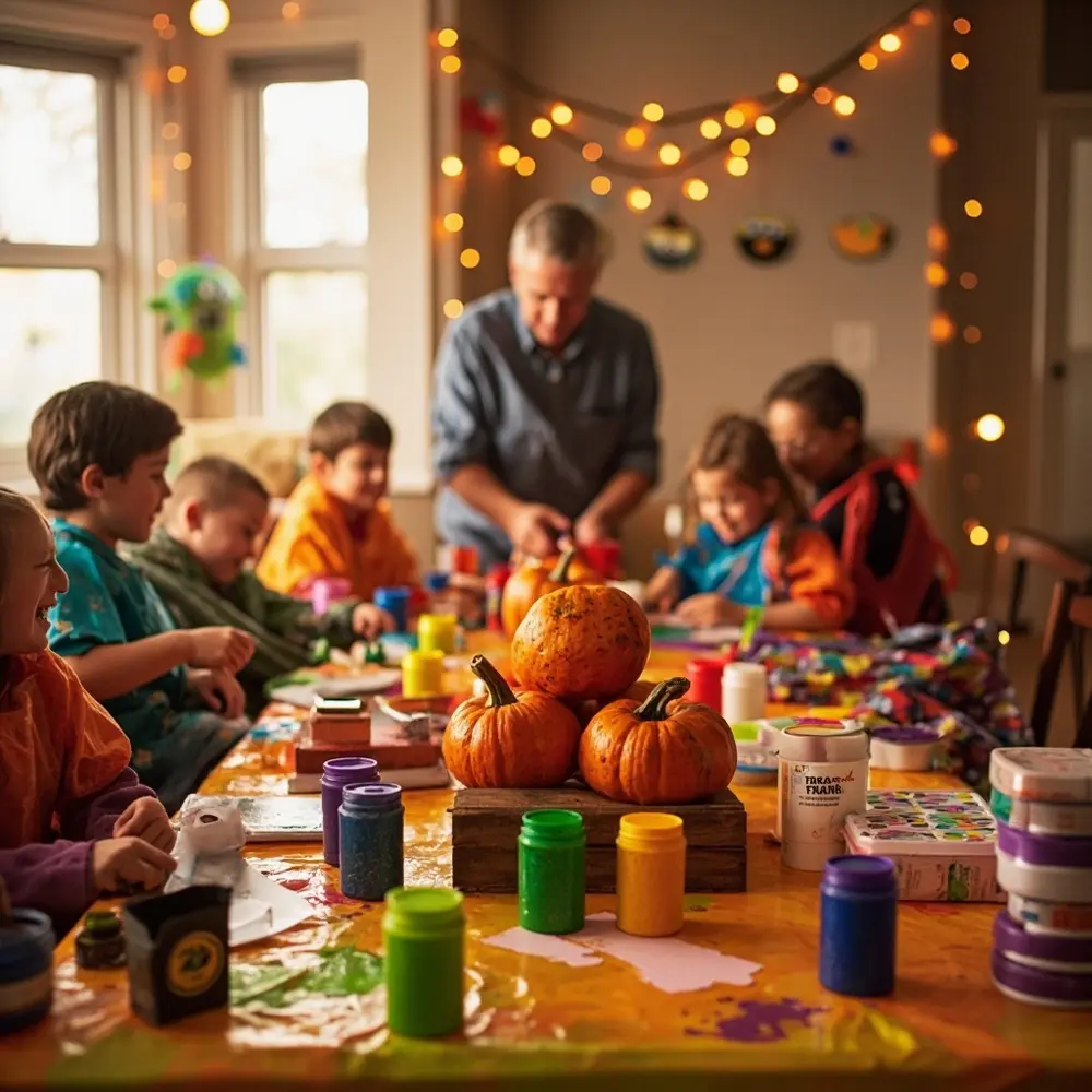 15 Fun & Spooky Halloween Birthday Party Ideas for Kids 7 Set various mini a and supplies up kids with happily pumpkins 7 engaged p decorating table image