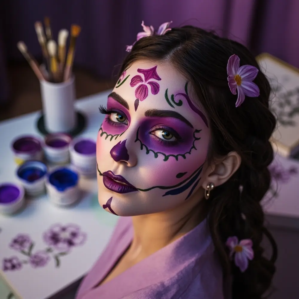 12 Sweet & Spooky Pastel Skeleton & Sugar Skull Makeup Ideas 7 Eyes instruction forehead detailed floral with designs fuchsia a model sugar p skull featuring the around and image violet placement makeup 7