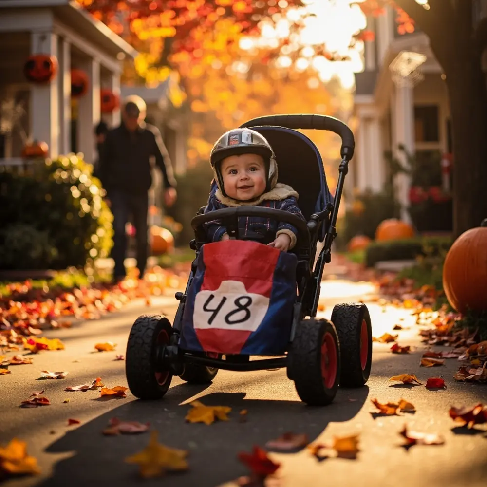 11 Adorably Cute Baby Halloween Costumes (That Are Actually Comfortable!) 8 Instruction racing number with sitting baby like a wheels car decorated p or soft stroller in elements image helmet placement suit fabric 8