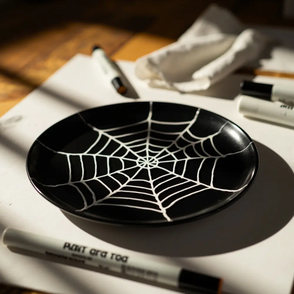 How to DIY Your Halloween Wedding Decor: 5 Easy Projects to Start Now 8 White drawing paint a hands pattern with black pen p plate spiderweb onto image 8 charger