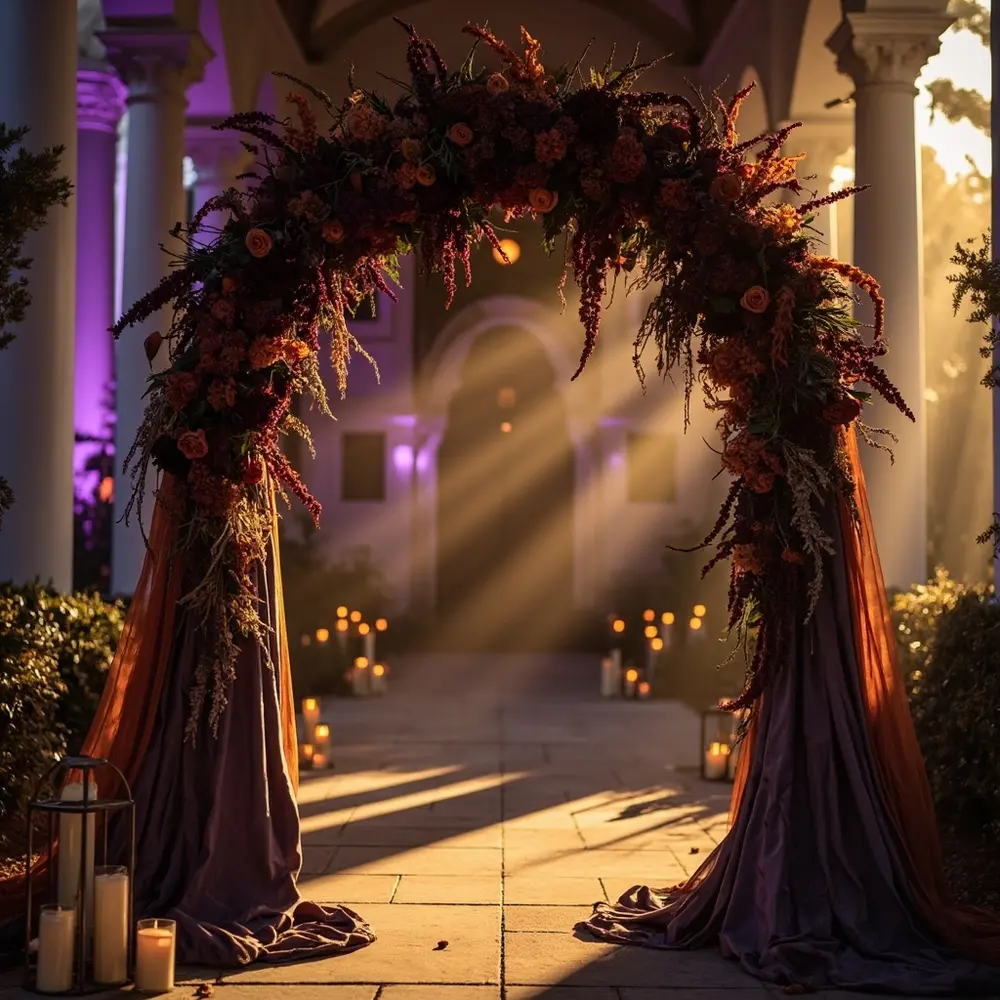 Instruction purple floral orange with arch fabrics a decorated p wedding and beautifully flowing image arrangements ceremony placement rich 8