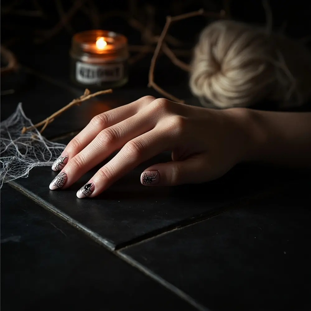18 Genuinely Spooky & Scary Halloween Nail Ideas for 2025 8 Instruction base dark corner delicate with perhaps a extremely nude of p or subtle featuring spider one in spiderweb clear fine image placement silhouette lines nails 8