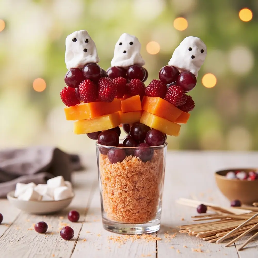 10 Easy & Quick Halloween Party Snacks for Last-Minute Fun 8 Drawn fruit instruction marker with marshmallow skewers of each p the mini at colorful image placement edible top ghosts 8