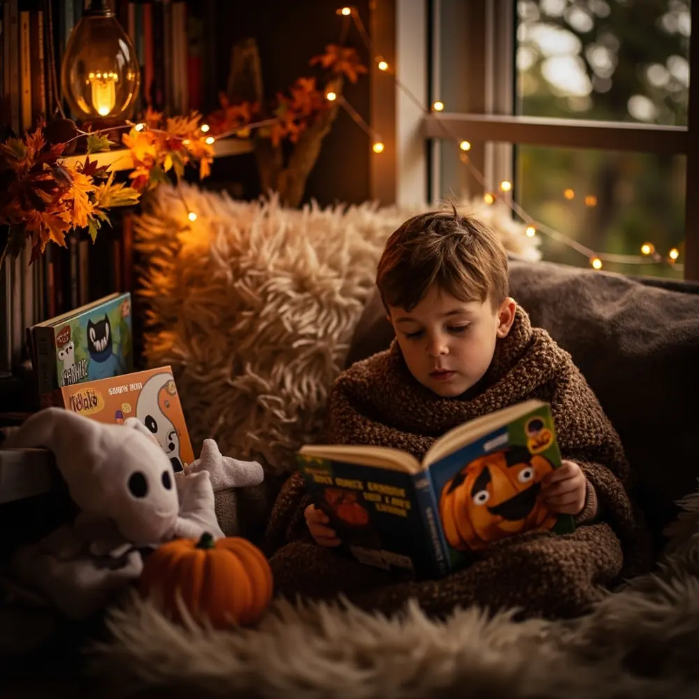 10 Cozy & Cute Halloween Birthday Ideas for Toddlers 8 Cozy story halloween nook h2 time 8