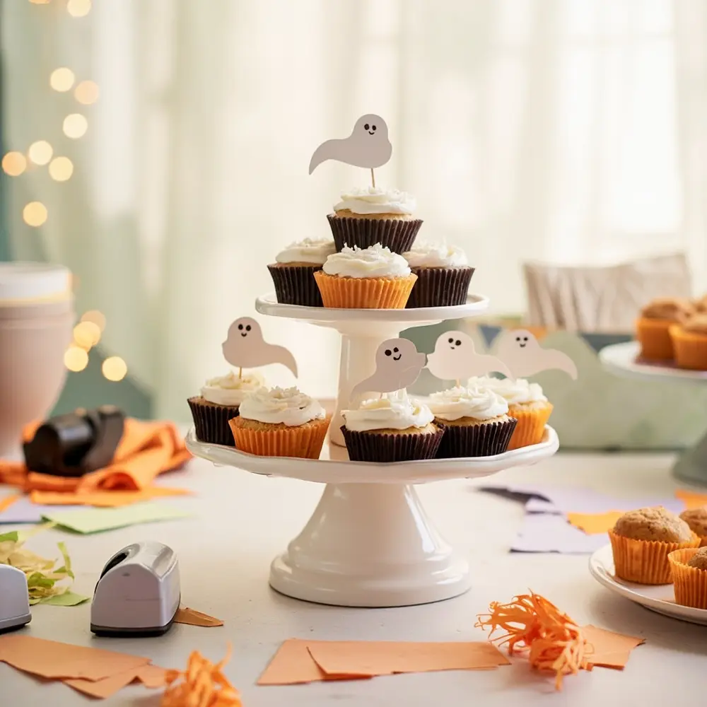 10 Sweet “A Little Boo” Birthday & Baby Shower Ideas 8 Instruction with on a p toppers stand ghost arranged cute and cupcakes wrappers tiered image placement pastel 8