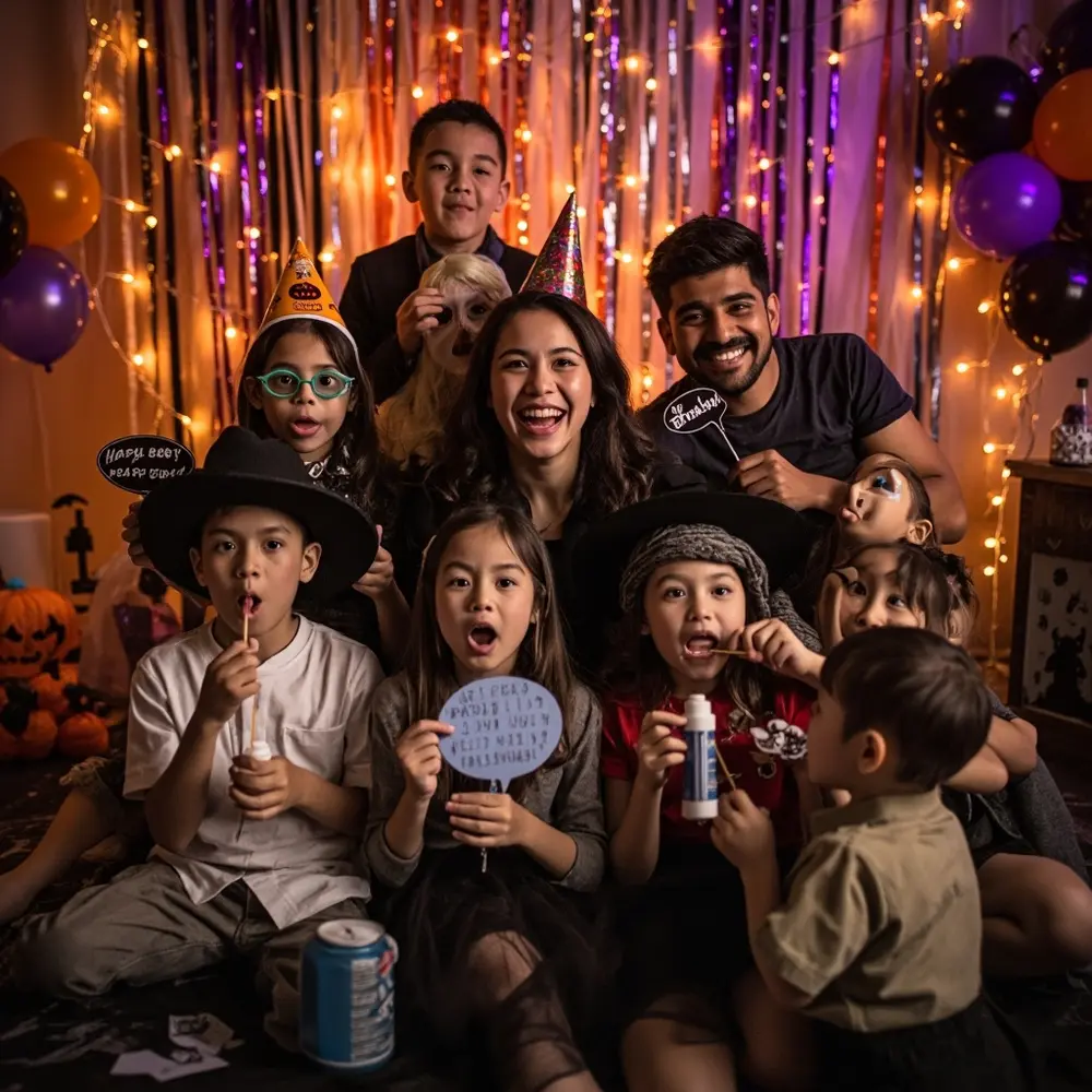 Create a Spooktacular DIY Halloween Birthday Photo Booth Corner: Easy Backdrops & Printable Props 8 Various interactive booth demonstrating kids having a of p adults the fun group and in image props poses completed holding photo 8