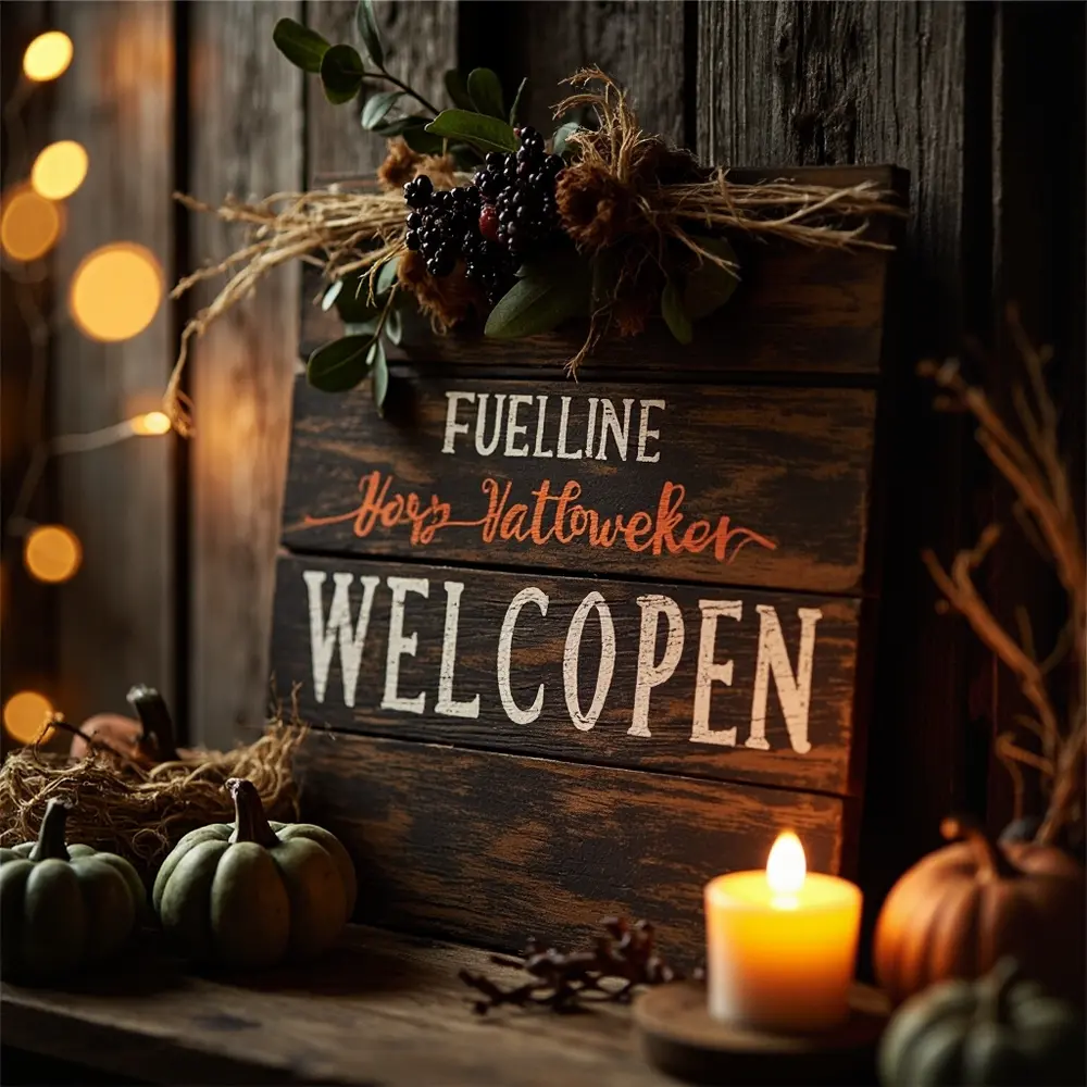 How to Create Moody Rustic Fall Wedding Decor (Easy DIY Guide) 8 Leaning placement backdrop finished welcome instruction sign against a p perhaps image the 8 rustic