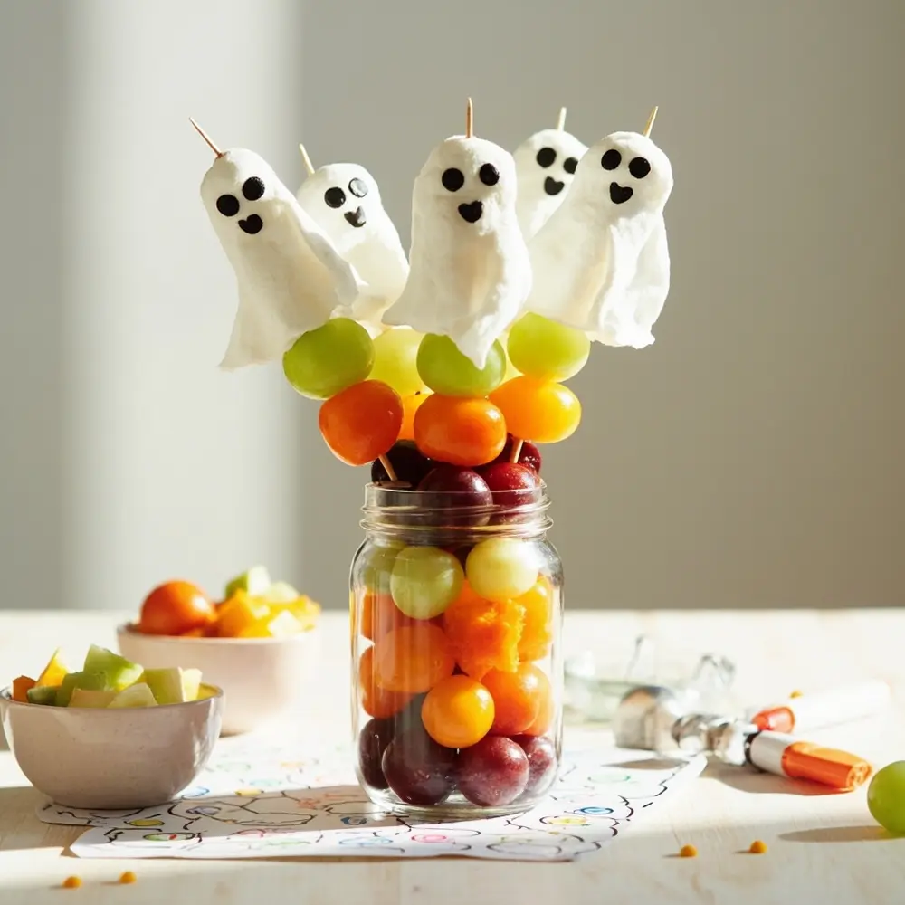 15 Easy & Delicious Halloween Snacks: Spooky, Savory, and Sweet Treats for Everyone 8 Skewers drawn ghost fruit placement on a face instruction top of colorful p with image 8 marshmallow