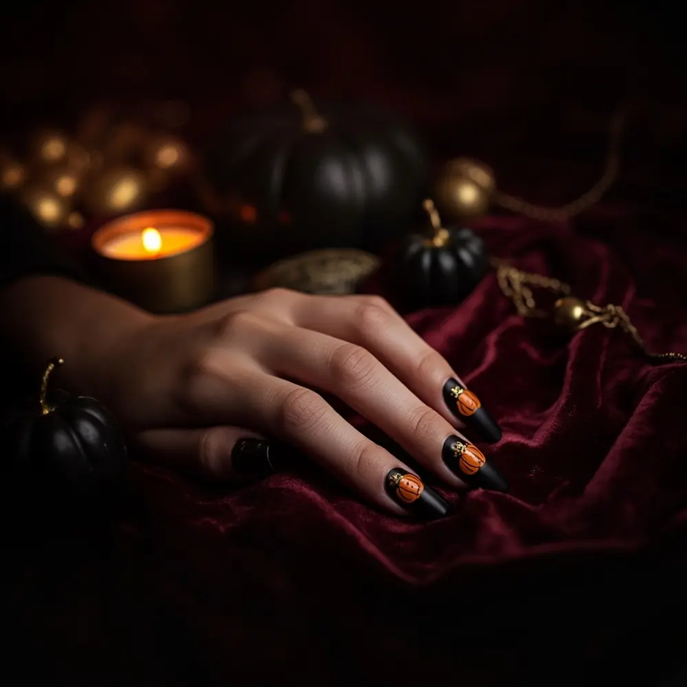 15 Adorable Pumpkin Nail Designs for Your Perfect Fall & Halloween Manicure 8 Instruction black base orange with designs matte vice glossy p or versa and image placement pumpkin nails 8