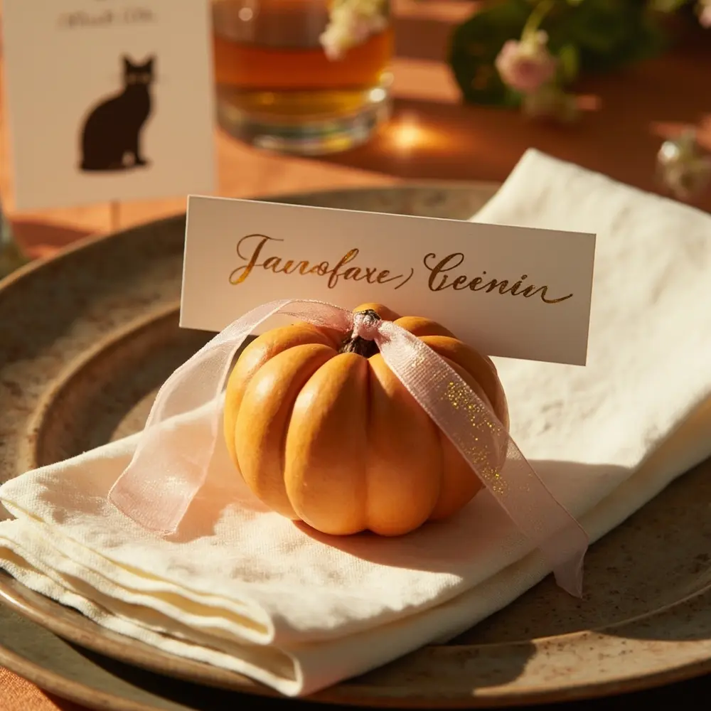 18 Cute Halloween Wedding Ideas (That Are 100% Not Scary for Kids!) 8 Mini pumpkin h2 place cards 8