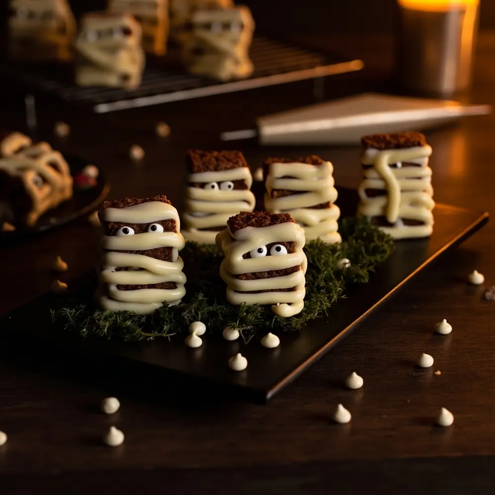15 Elegant Spooky Dessert Bar Ideas for a Frightfully Sweet Wedding 8 H2 brownie bites mummy 8