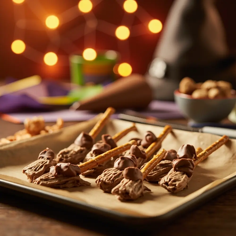 12 Spellbinding Witchy Treats: Easy Recipes for a Magical Halloween 8 Instruction witch peanut with s p resembling butter pretzel mini one 8217 cups image end sticks placement to broomsticks attached 8