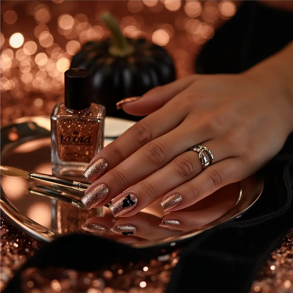 15 Classy Halloween Nail Ideas for a Sophisticated Manicure 8 Gold glitter a cat silhouette rose h2 black with 8