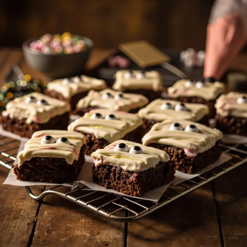 15 Enchanting Pinkoween Desserts for a Pastel Halloween Party 8 White eyes instruction with brownies square a of each decorated p or tray mummy and strips candy crisscrossed as image icing placement pink two light 8