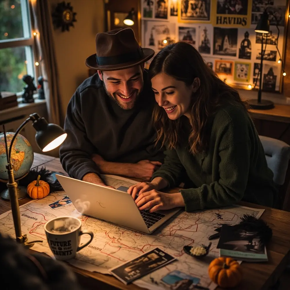10 Spooktacular Halloween Wedding Anniversary Ideas for a Hauntingly Romantic Celebration 9 Them map pointing potential with looking decor excitedly a p or subtle around travel themed at destinations brochures image halloween couple laptop 9