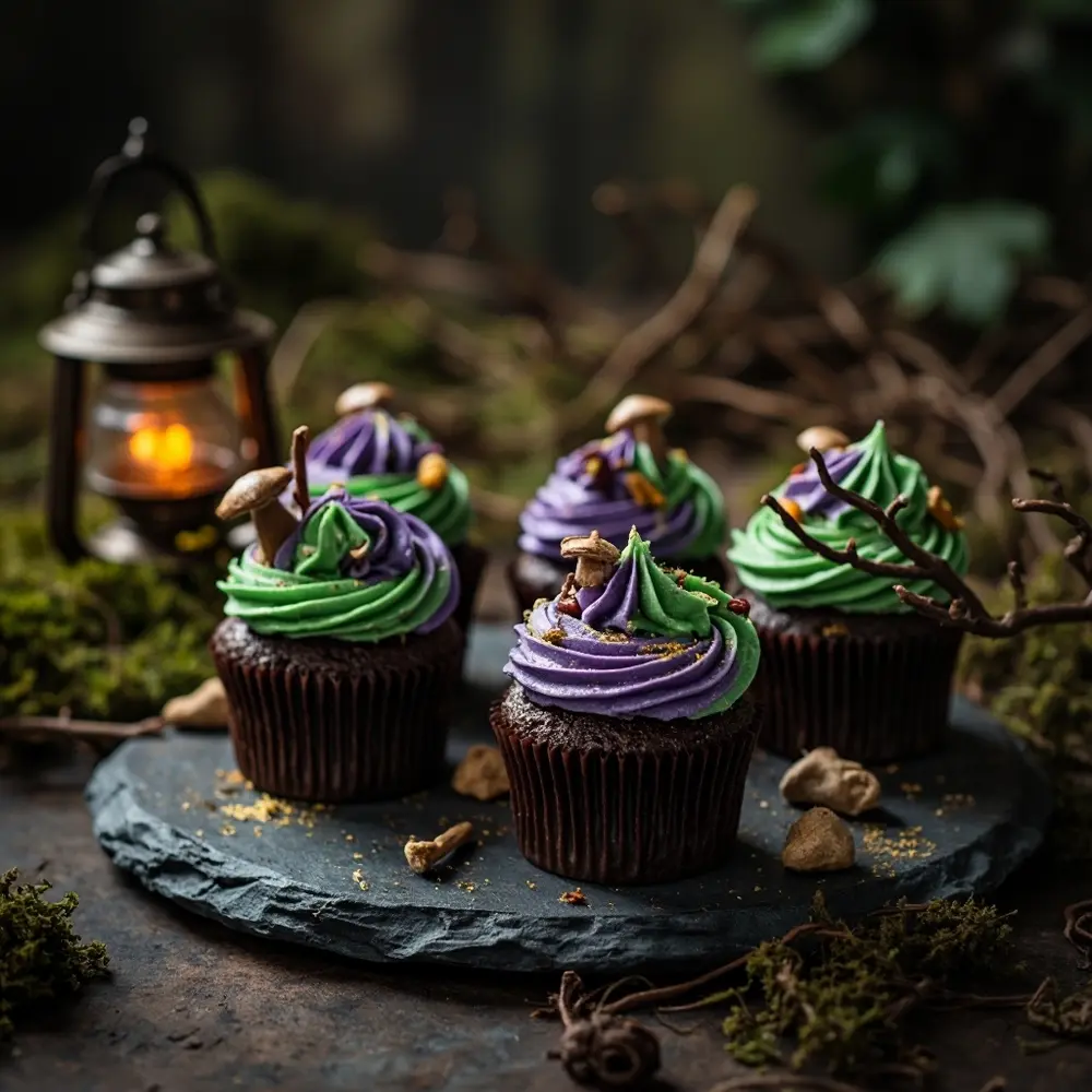15 Elegant Spooky Dessert Bar Ideas for a Frightfully Sweet Wedding 9 Enchanted cupcakes h2 forest 9