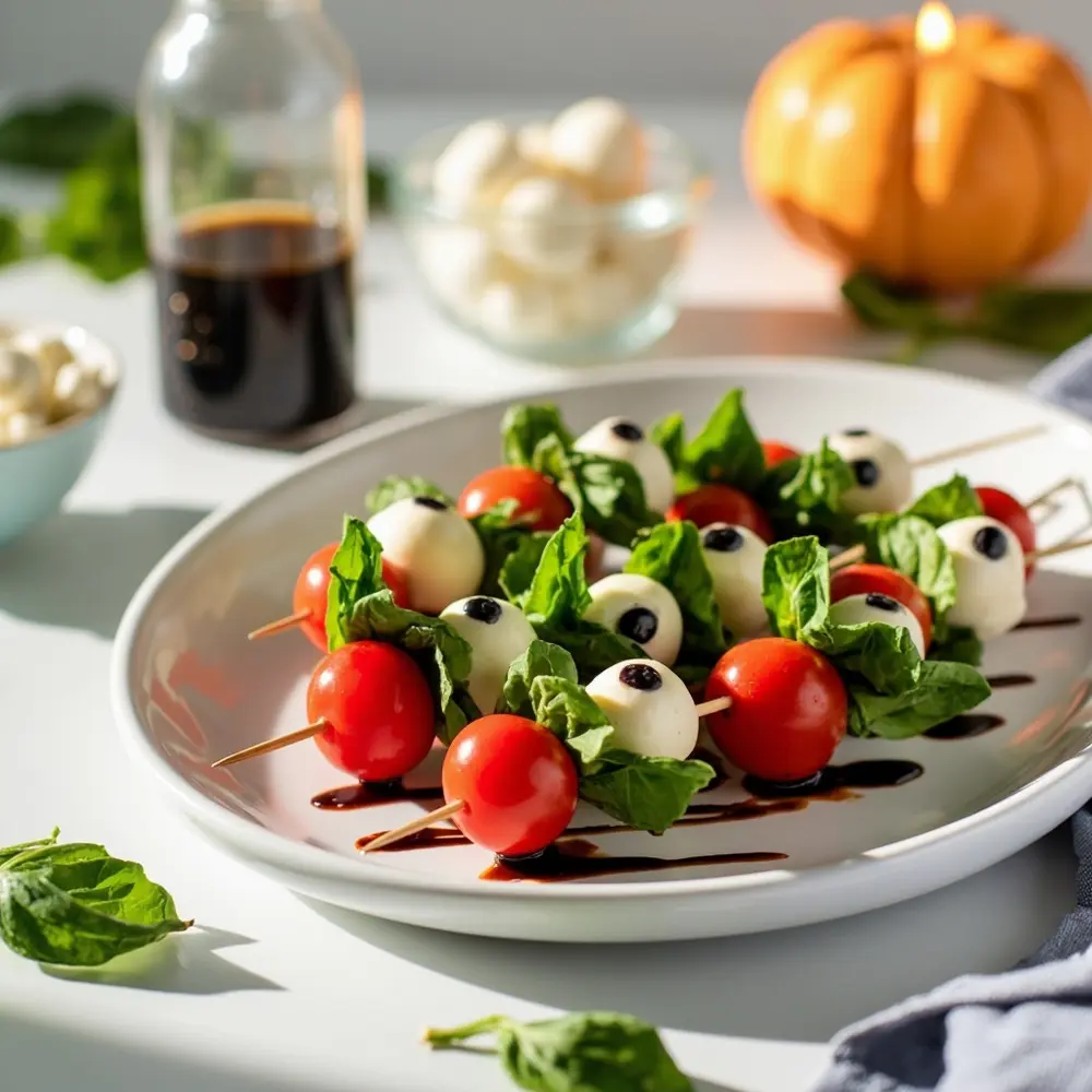 25 Spooktacular Halloween Treats: Easy, Healthy & Allergy-Friendly Fun for Everyone 9 Vibrant instruction with skewers on a of p arranged glaze image caprese placement drizzled platter balsamic photo eyeball 9