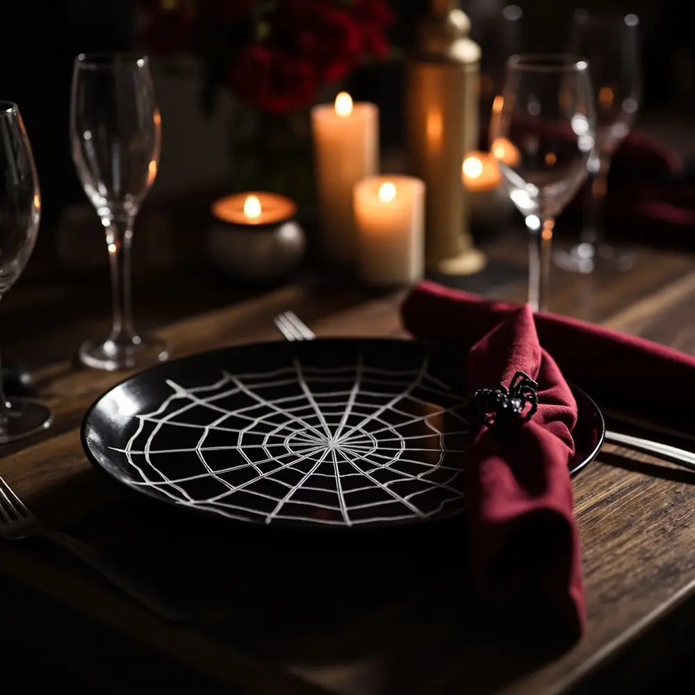 How to DIY Your Halloween Wedding Decor: 5 Easy Projects to Start Now 9 Set on a finished charger napkin with matching p plate spiderweb perhaps table image 9