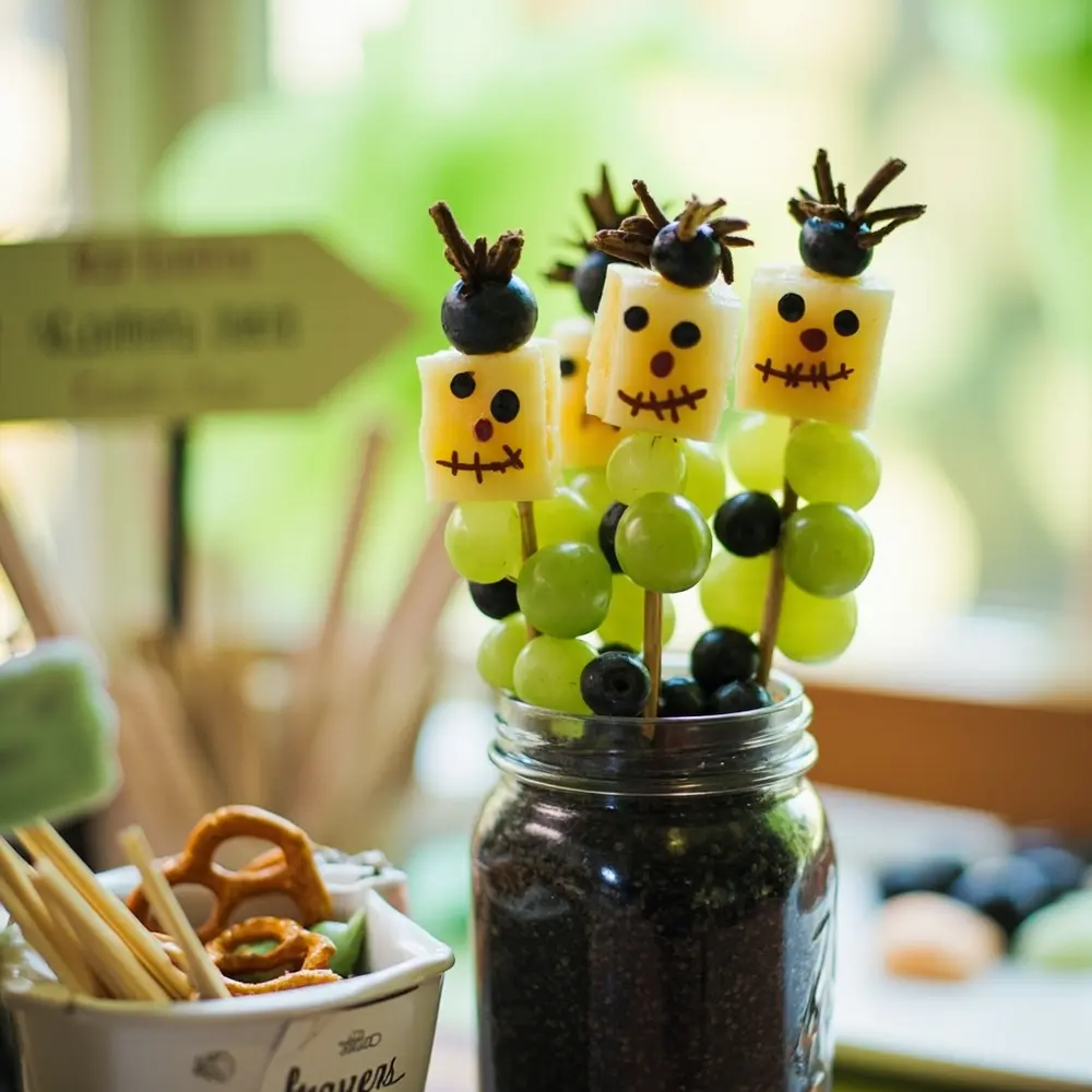 15 Safe Halloween Wedding Treats That Are Allergy-Friendly and Kid-Approved 9 Skewers shot fruit frankenstein a creative of in standing upright p display image 9