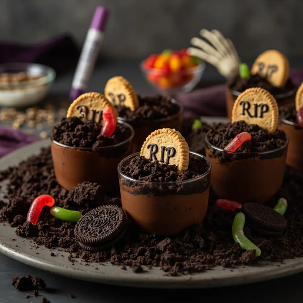 15 Adorably Spooky & Easy DIY Halloween Treats for Your Next Party 9 Dirt h2 graveyard cups 9