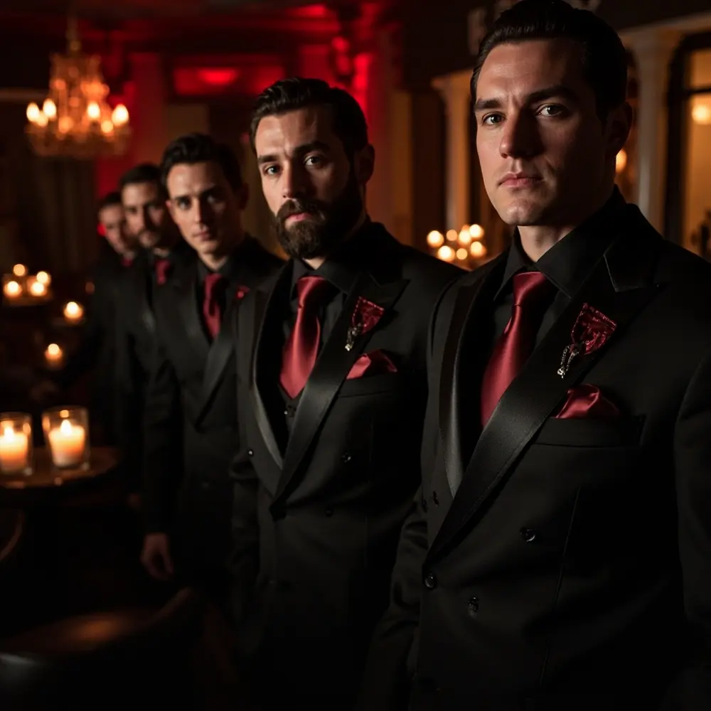 Groomsmen suits h2 in black red with ties 9
