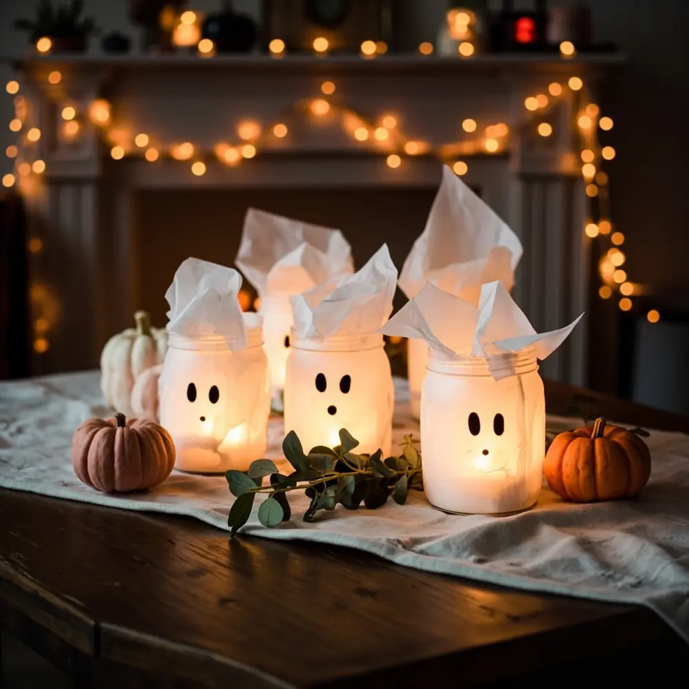 10 Sweet “A Little Boo” Birthday & Baby Shower Ideas 9 Led instruction glowing with lights on softly a mason decorated p inside as image placement ghosts placed table jars 9