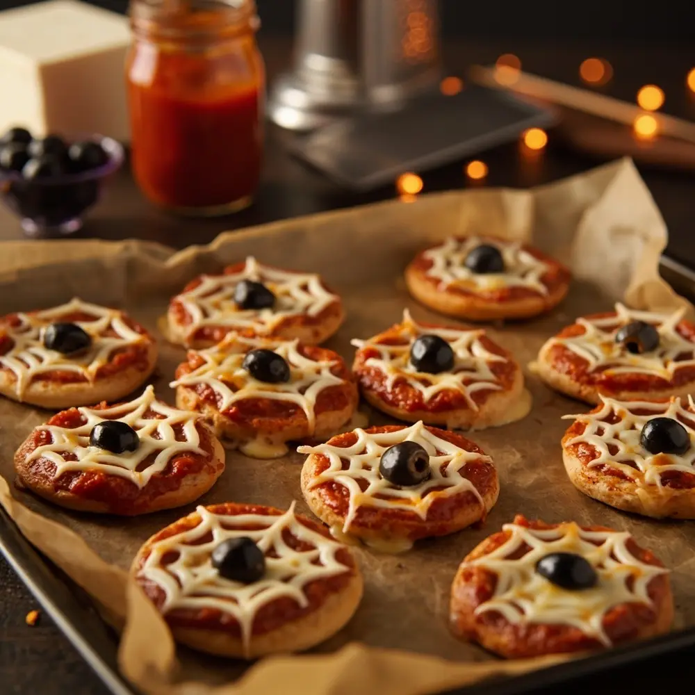 15 Easy & Delicious Halloween Snacks: Spooky, Savory, and Sweet Treats for Everyone 9 Pizzas shot placement mini a instruction up olive close of black design p spiderweb with image 9