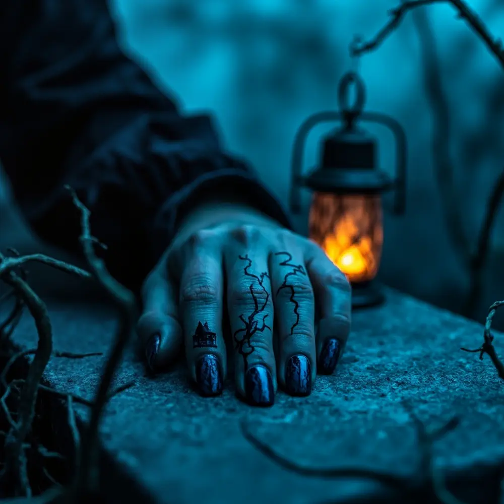 18 Genuinely Spooky & Scary Halloween Nail Ideas for 2025 9 Instruction silhouettes black dark with house g e a background of stark p or featuring deep gradient bare image placement blue haunted trees gnarled to nails 9