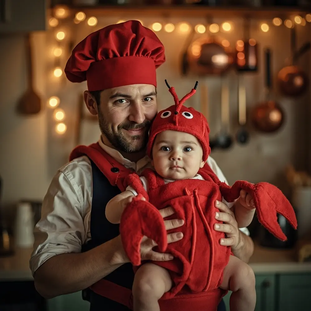 11 Adorably Cute Baby Halloween Costumes (That Are Actually Comfortable!) 9 Front instruction dressed parent with baby a lobster facing p costume in as chef image carrier placement red 9