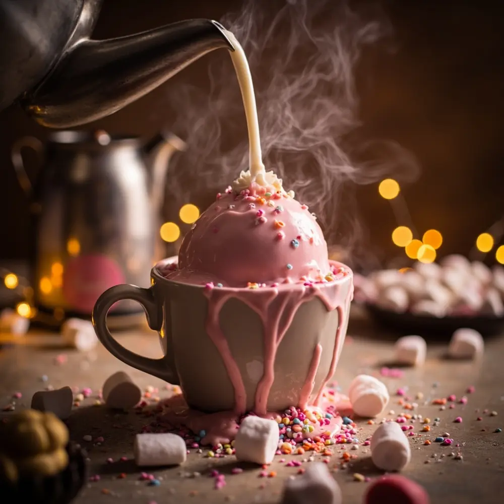 10 Pinkoween Treats for a Trendy Halloween Party 9 Marshmallows being instruction with a p chocolate bomb starting and reveal it over in milk image placement pink melt hot mug to poured 9