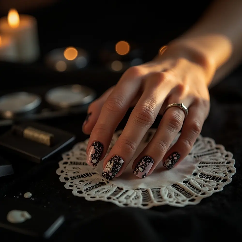 17 Girly Halloween Nail Designs That Are More Sweet Than Spooky 9 White patterns instruction black delicate with on sheer lily p the lace and accents image placement pink tiny nails tips 9