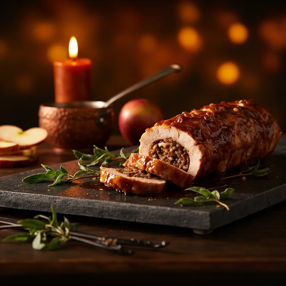 20 Spooky & Delicious Halloween Wedding Menu Ideas for Your Reception 9 Apple pork a glossy revealing sliced glaze colorful loin p dark perhaps with image stuffing 9