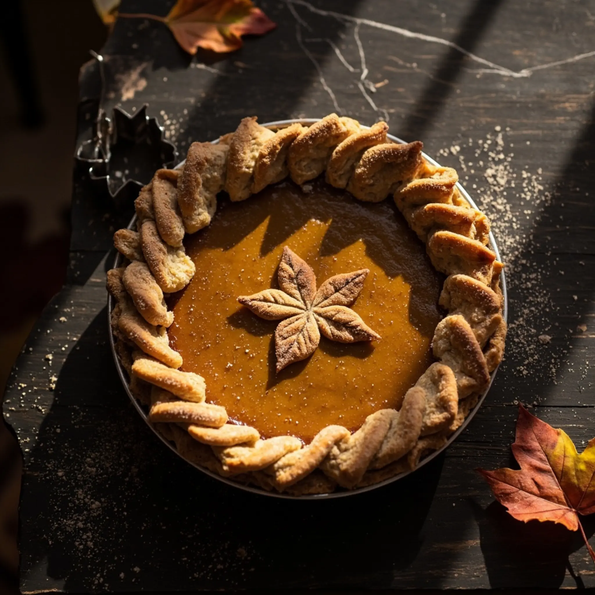 Baked artfully brown leaves with golden a up of edge p the around shot arranged pie close image pastry pumpkin glistening 1