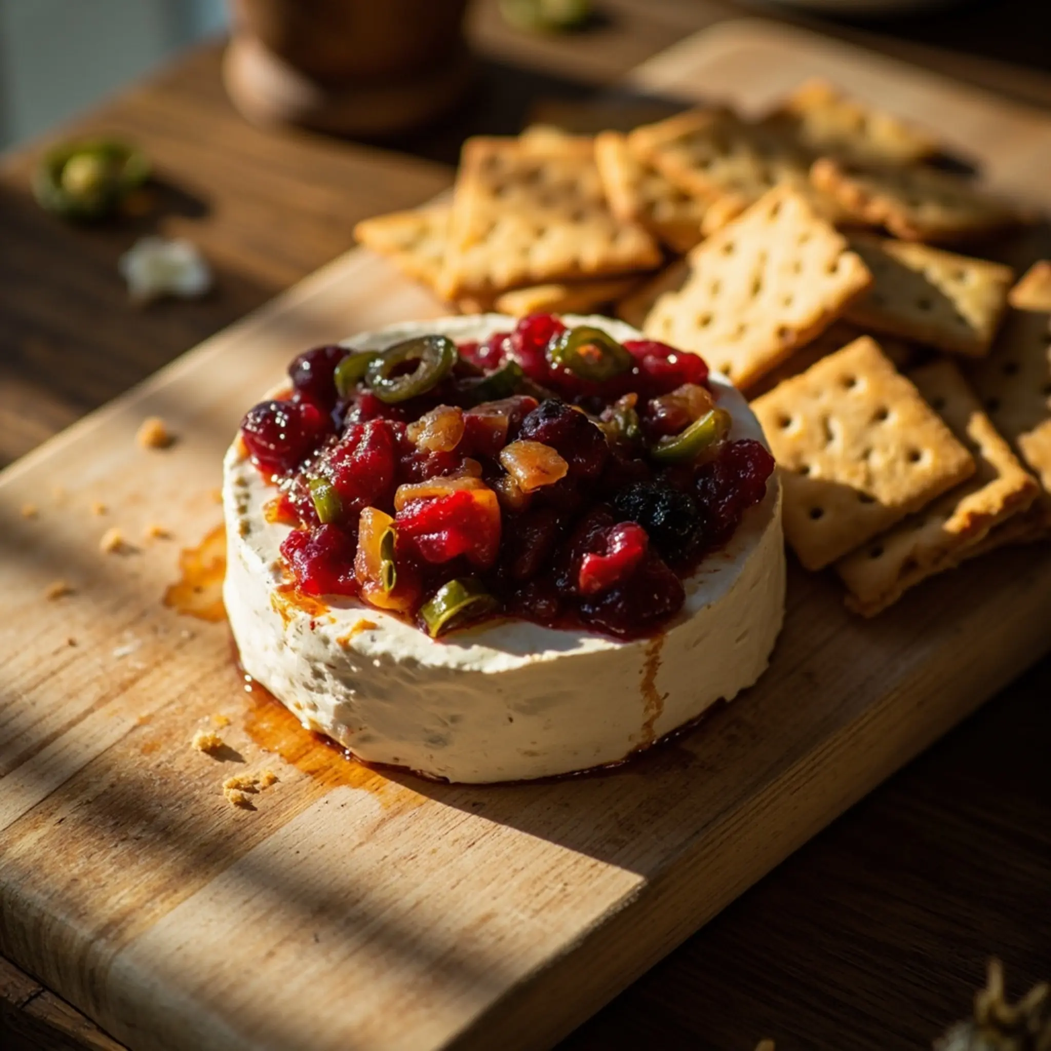 Board block with spicy on a crackers of p the cream mixture topped served cranberry image cheese wooden 1