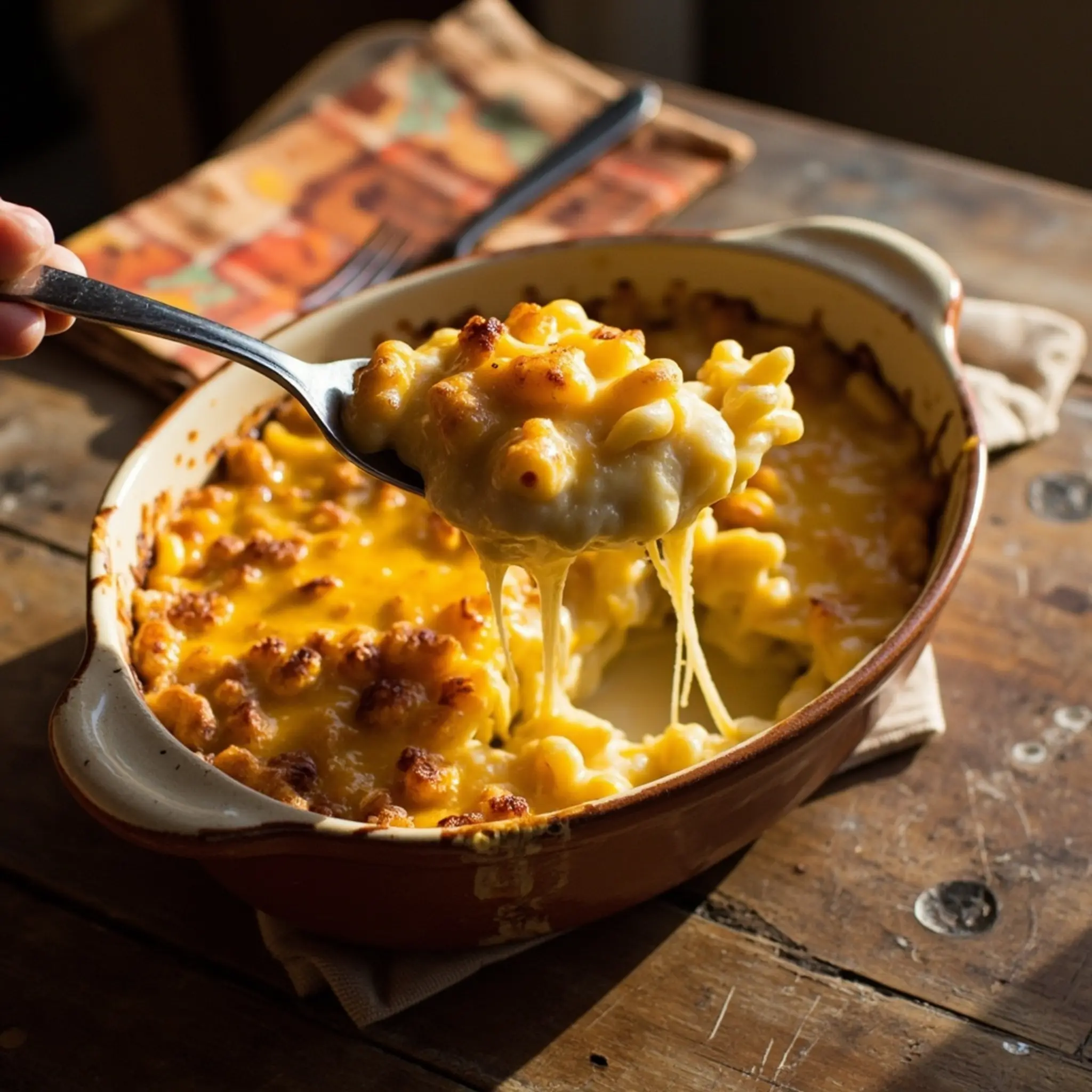 Being lifted casserole mac with showing pull a scoop of p and gooey out image dish long cheese 1