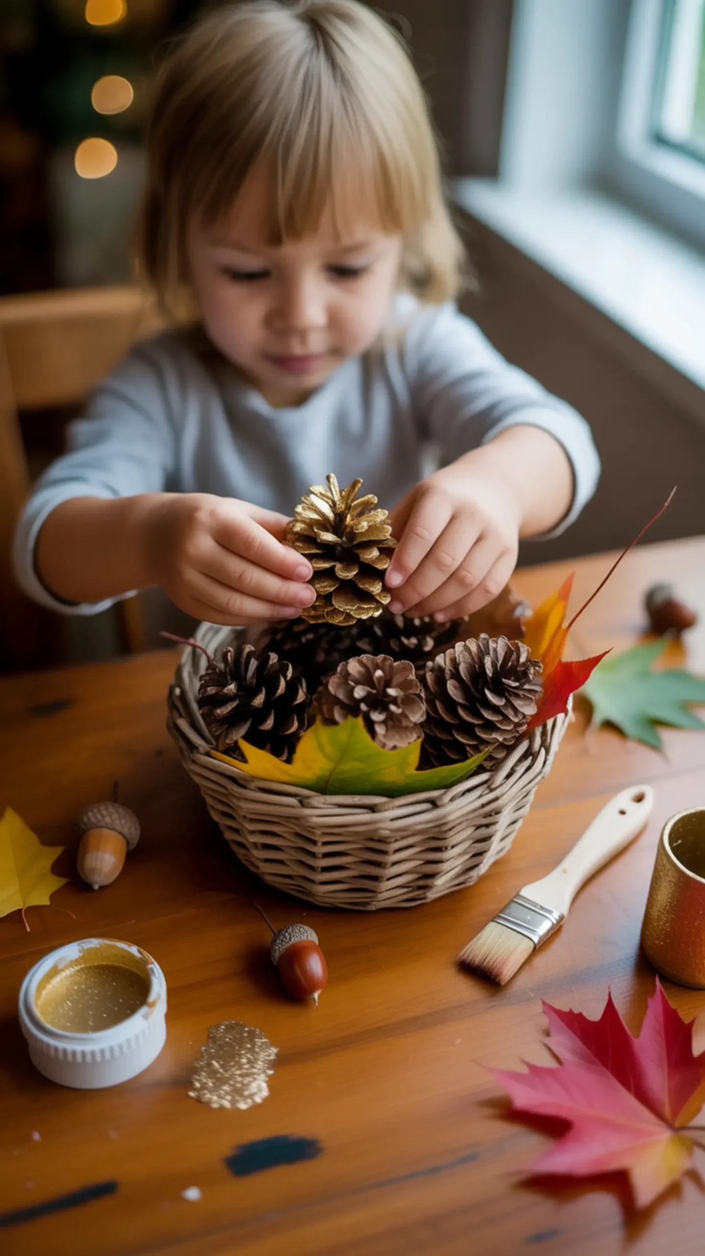 "5 Easy DIY Thanksgiving Centerpieces Your Kids Can Help With" 1 Hands woven fall leaves with a up of s p basket other gold and 8217 into close child tipped pinecone colorful carefully image filled pinecones placing 1