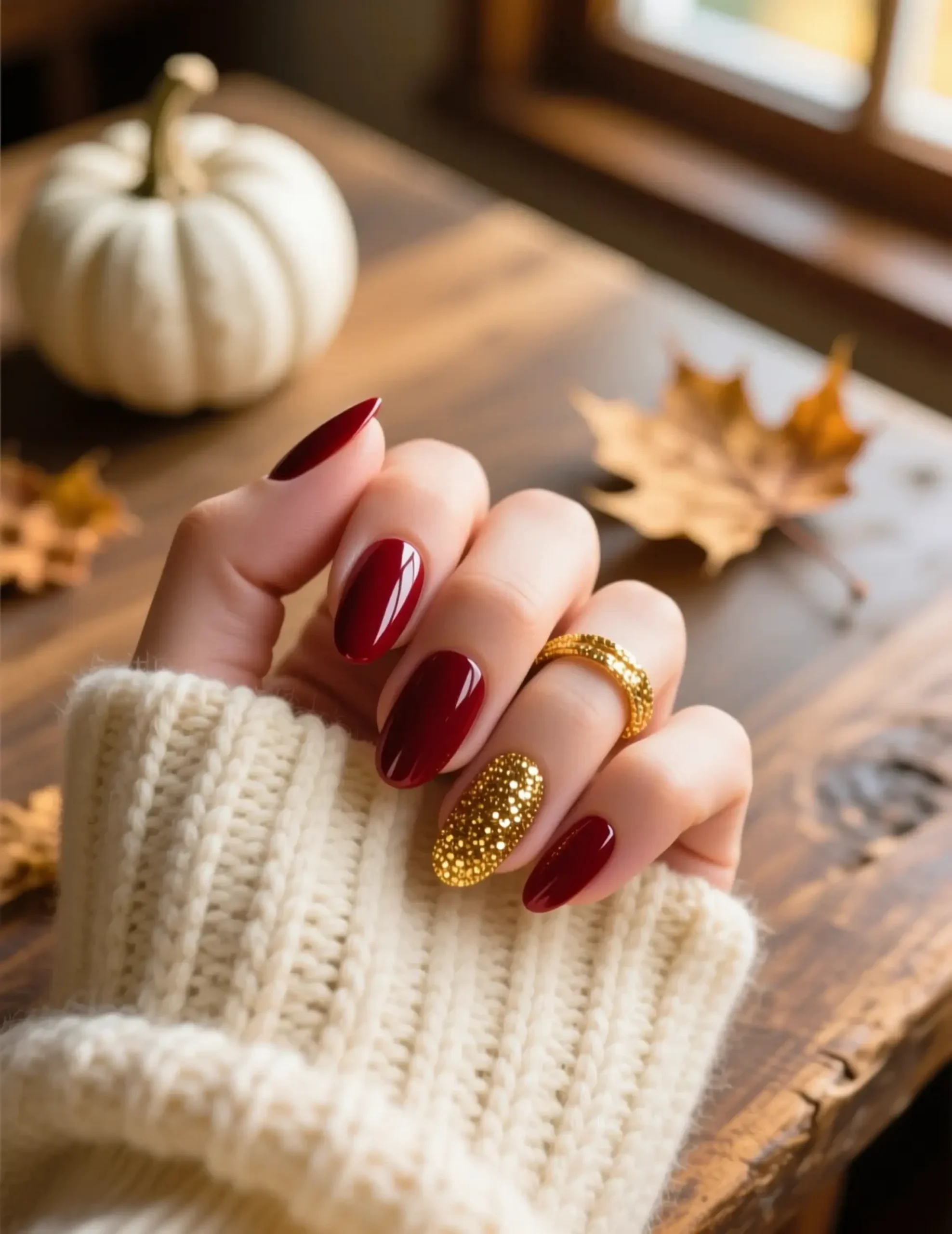 Polish hand with showing a p the chunky solid glitter gold and cranberry four nail image ring finger 1 red nails painted