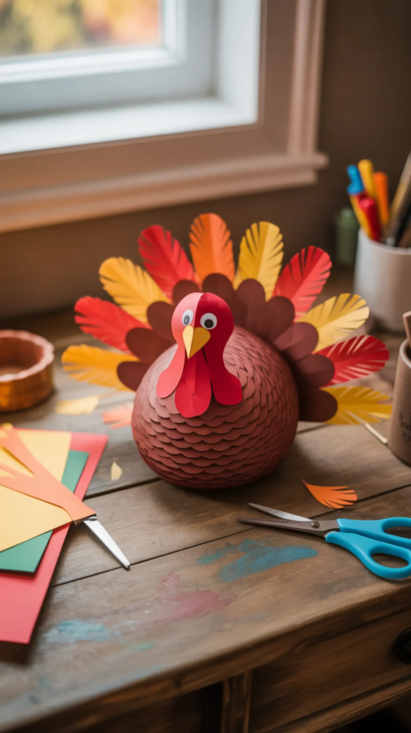 "10 Thanksgiving Crafts for Preschoolers That Practice Scissor Skills (Easy & Fun)" 1 Vibrant safe orange with pair made feathers a construction up fringed of p scissors shot and it close child turkey image paper beside from completed rests 1 red yellow