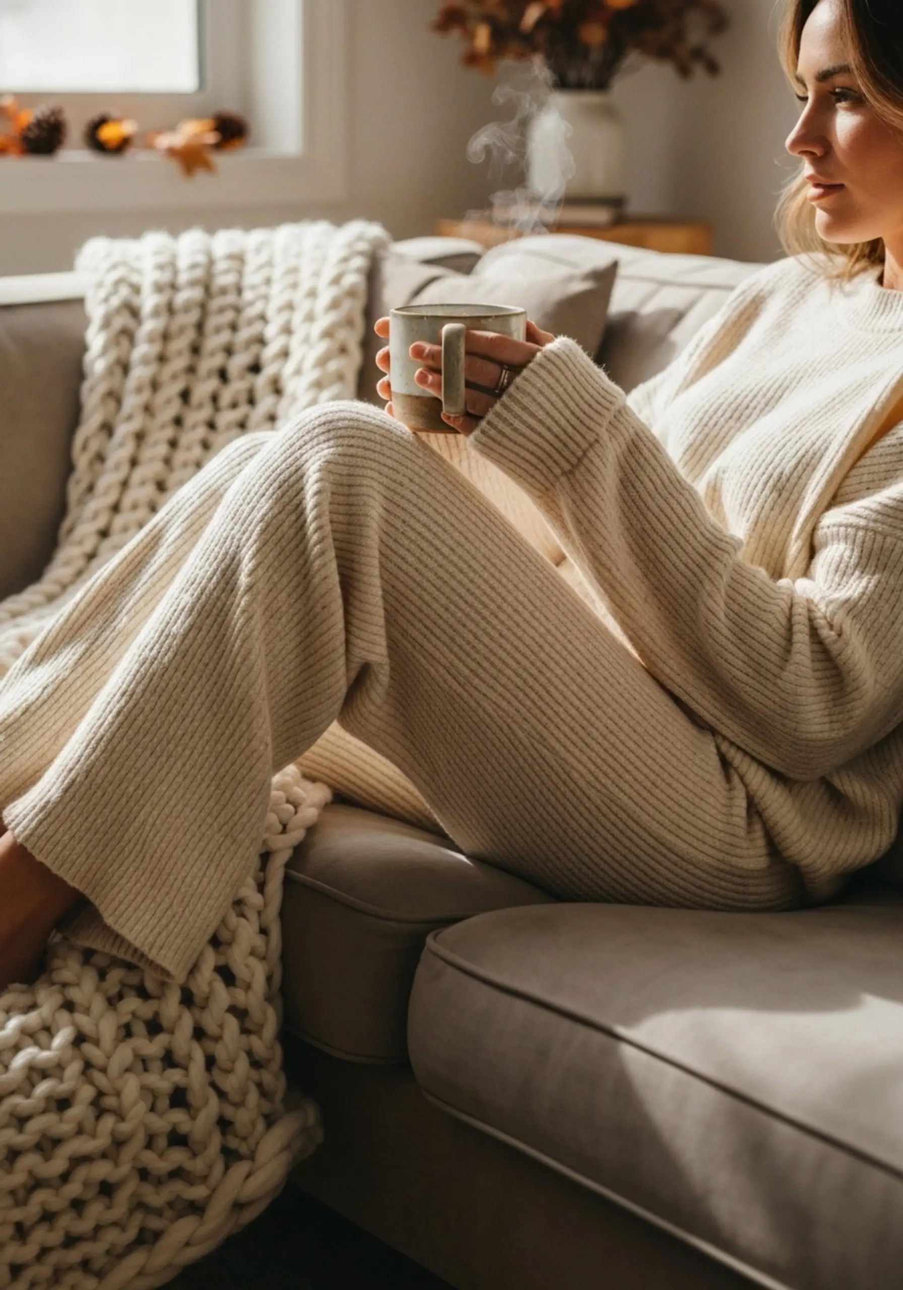 Woman lounge knit smiling on a sofa she p wearing relaxes set cream and beautiful as image holding mug 1 colored plush ribbed