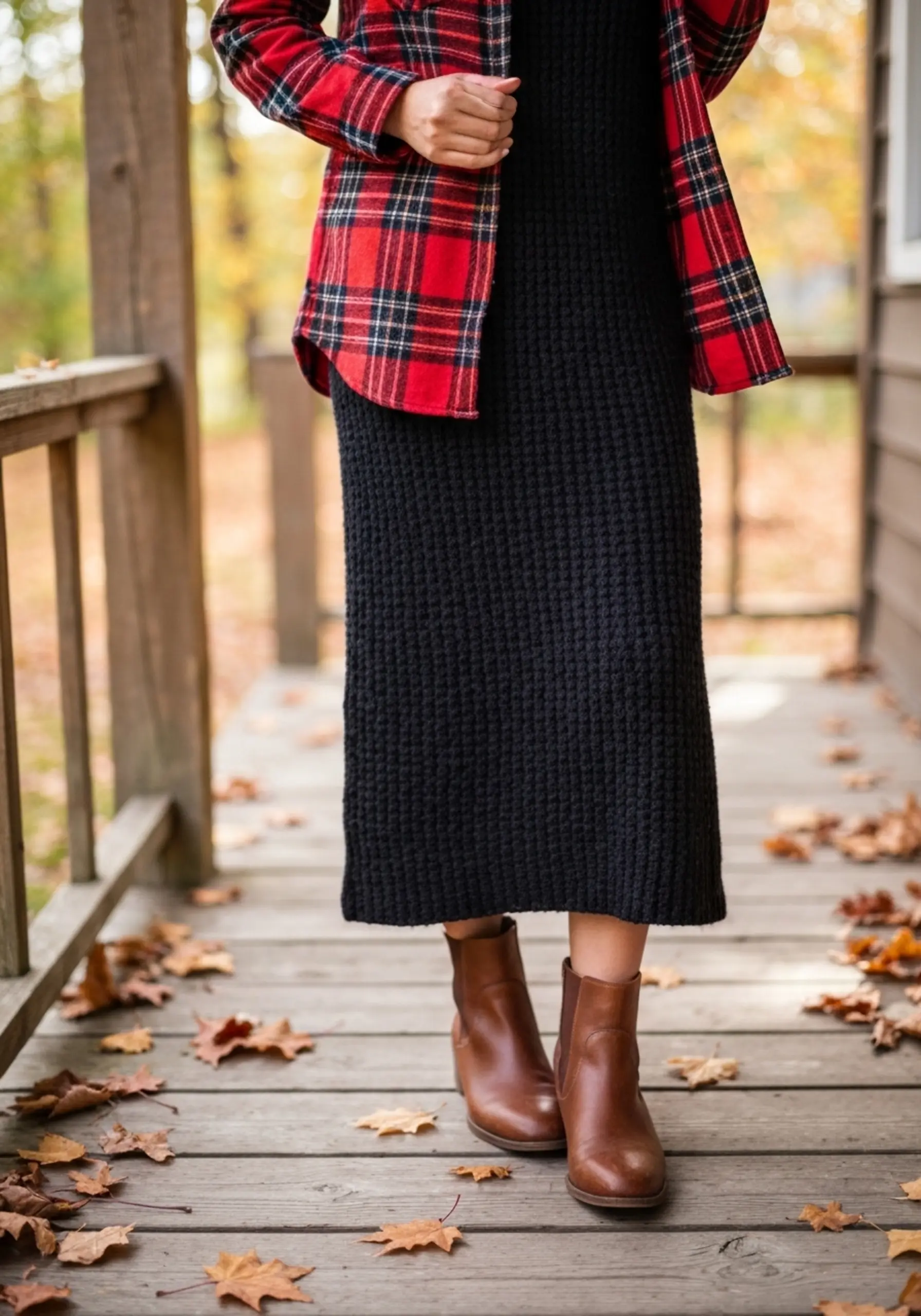 Front woman brown black classic boots knit with dress midi backdrop a of p wearing flannel ankle over in open image rustic standing plaid 1 red paired